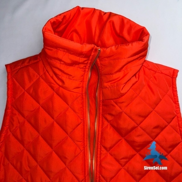 1063 NWT Crown & Ivy Puffer Vest - Plus Size 1X - Orange Vue/Blue Gingham - Picture 2 of 15